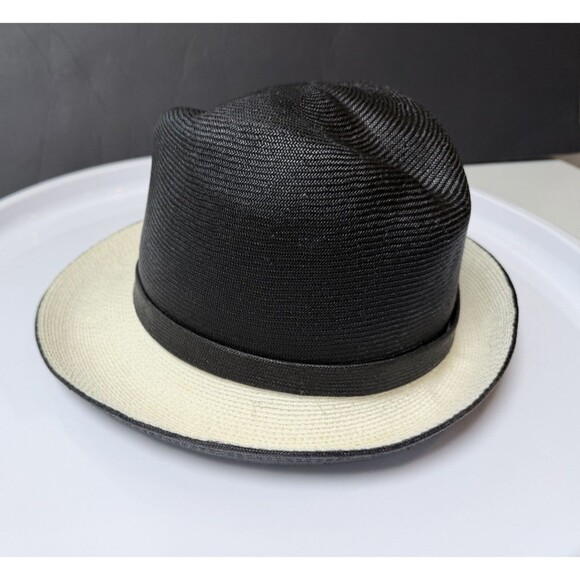 Vintage Mr John Classic Hat Black Ivory Straw Fedora delicate Pom Pom NY Paris main image 6